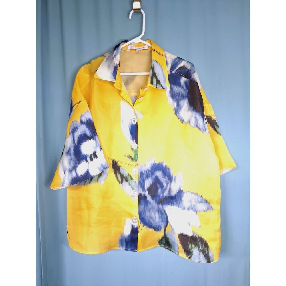 Carolina Herrera Women Taxi Cab Yellow Navy Floral Print Button Silk Shirt Sz 20